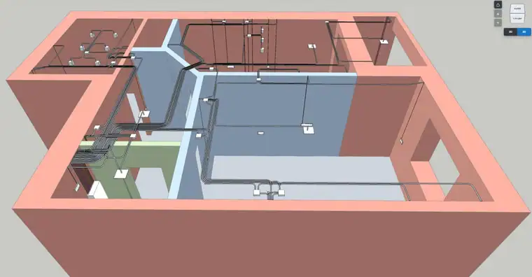3D-вид проекта со стенами, оборудованием и кабельными трассами
